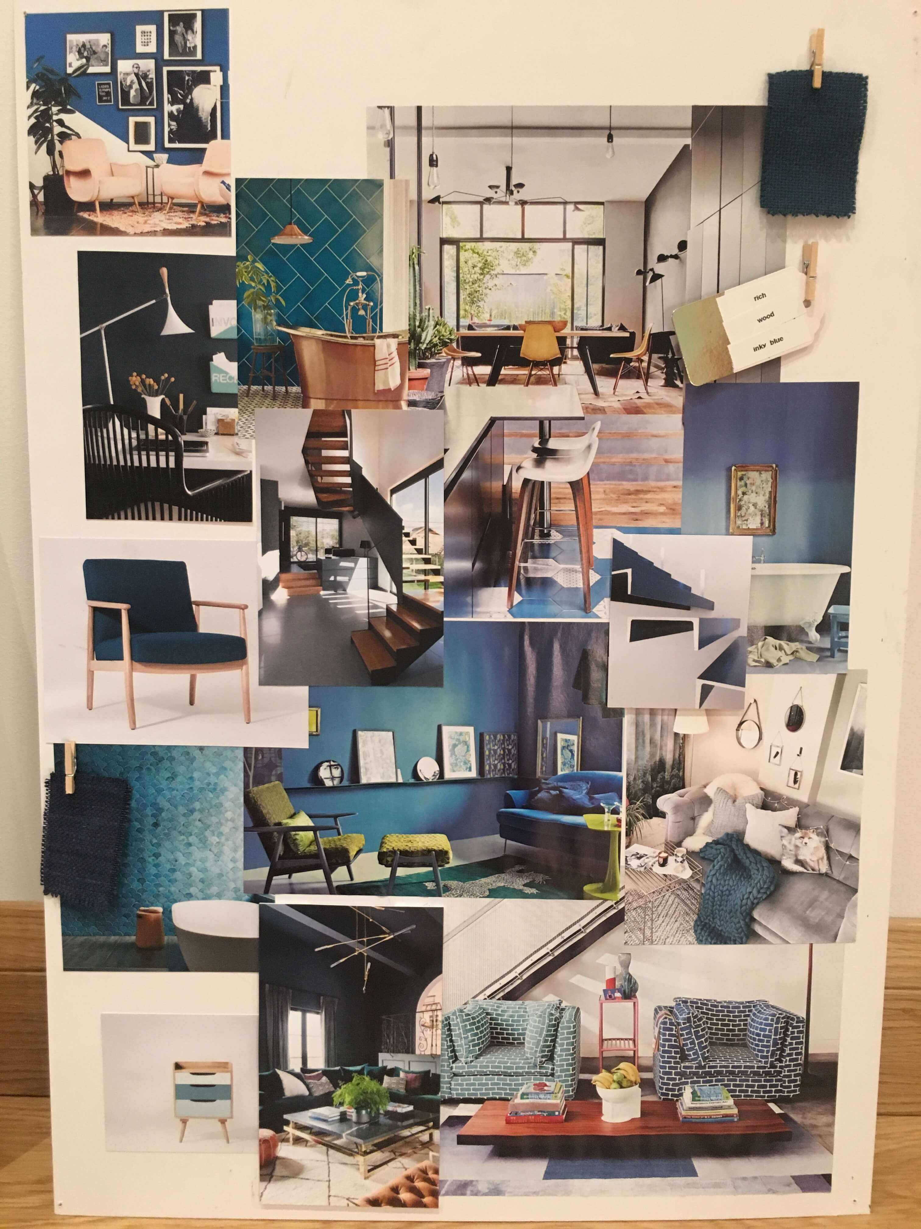 Interior design mood board inspired by rich wood and inky blue