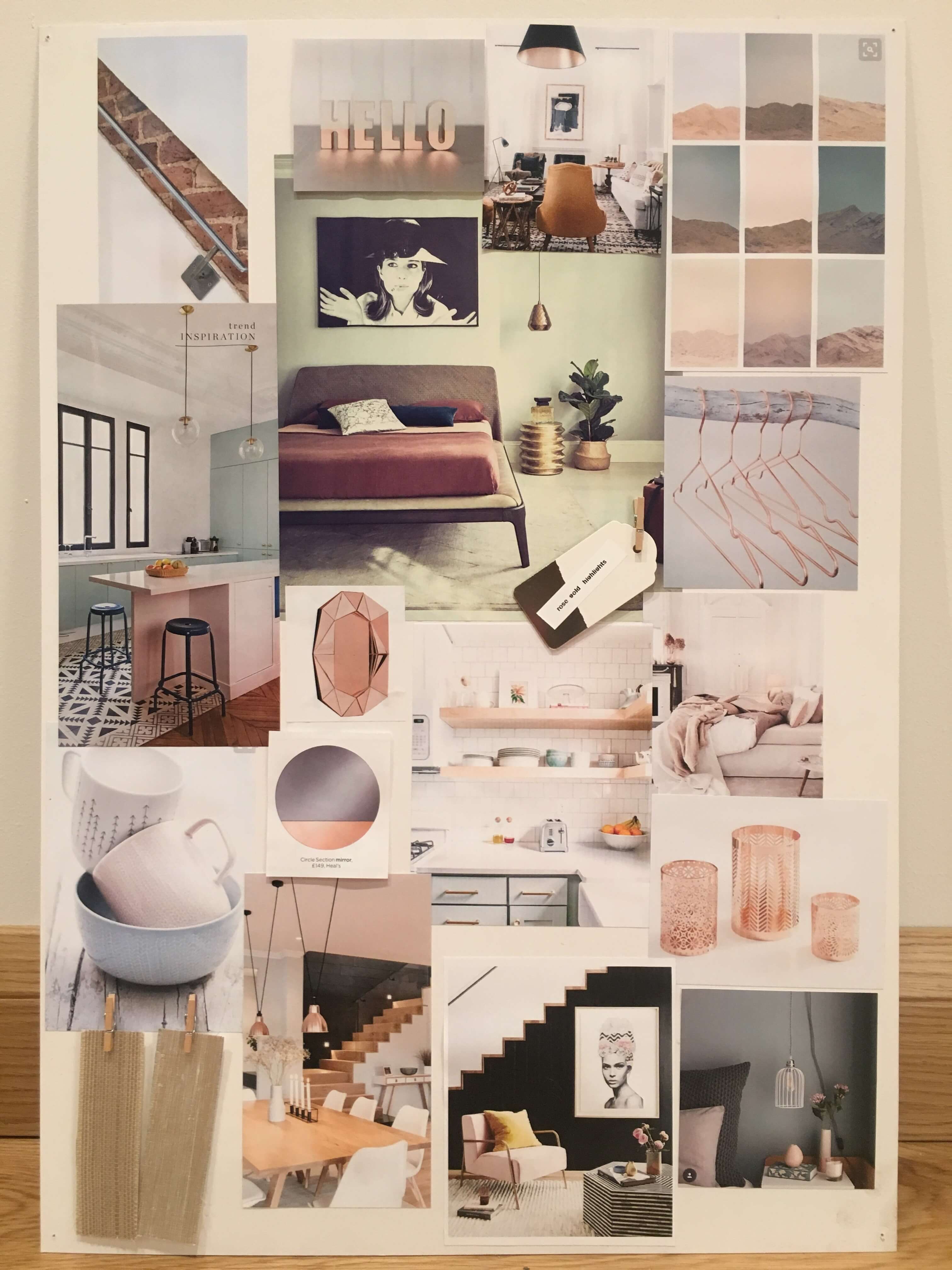 Interiors mood board with rose gold tones and neutral colours