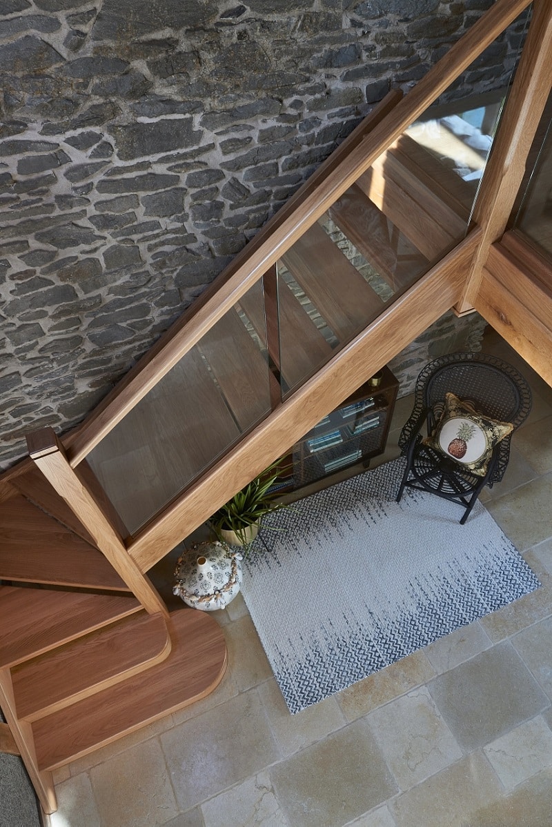 Morris family oak and glass cottage staircase from above